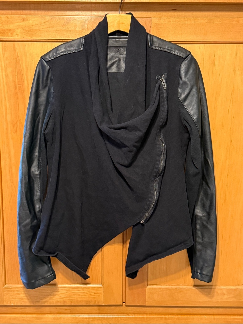 Blank NYC Black Draped Jacket with Leather Sleeves